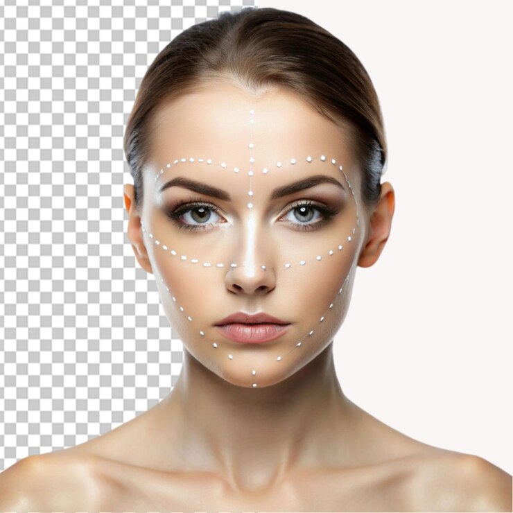 Woman with dotted lines on face on transparent background