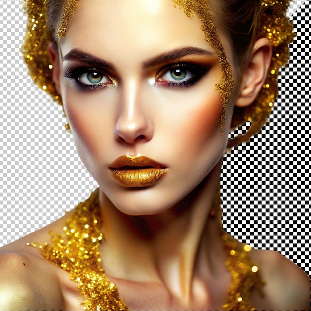 PSD a woman with a gold face and golden makeup a gold glitter on her face