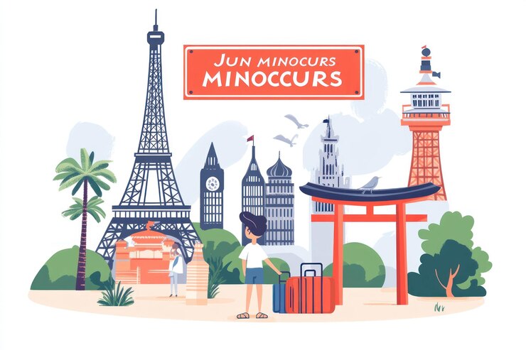 PSD woman with luggage near famous landmarks
