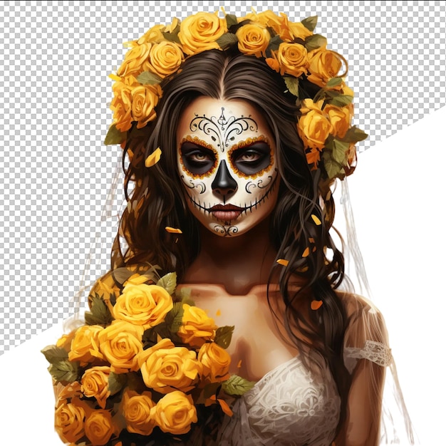 PSD a woman with a skull and yellow roses on her head