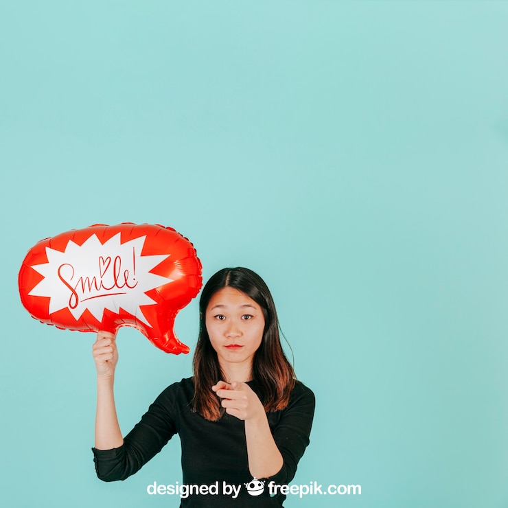 PSD woman with speech balloon mockup