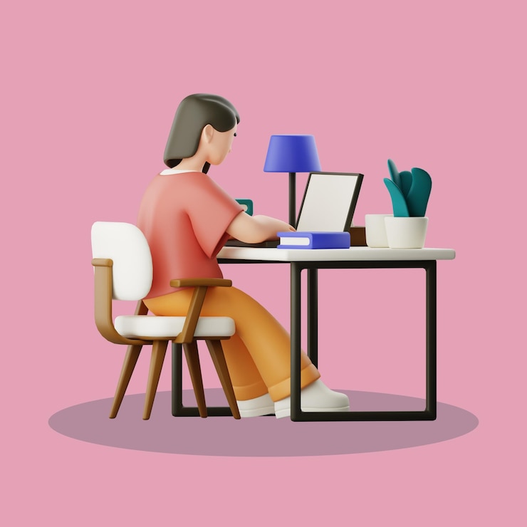 PSD woman working at desk with laptop