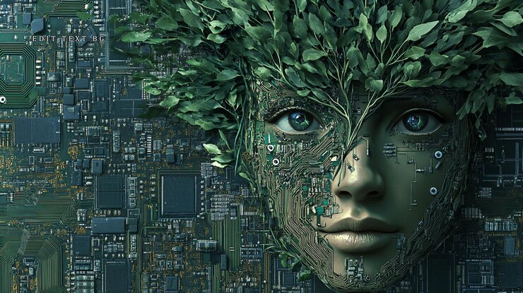PSD womans face merges with nature and technology green leaves circuit board
