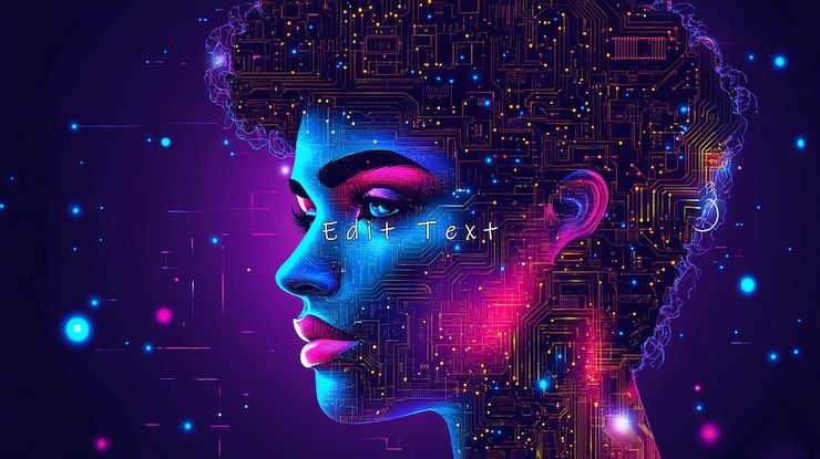 PSD womans profile with circuit board overlay neon colors