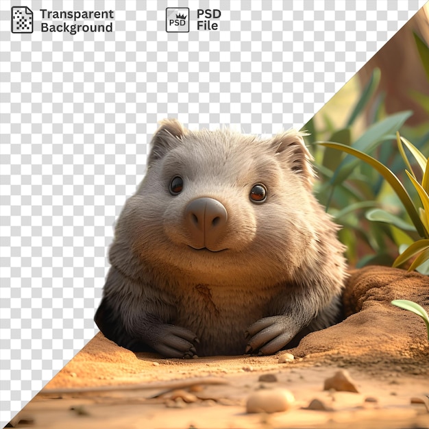 Wombat De Dessin Animé Transparent 3d Creusant Dans La Terre Entouré De Plantes Vertes Avec Son Nez Brun Distinctif, Ses Yeux Et Ses Oreilles Visibles