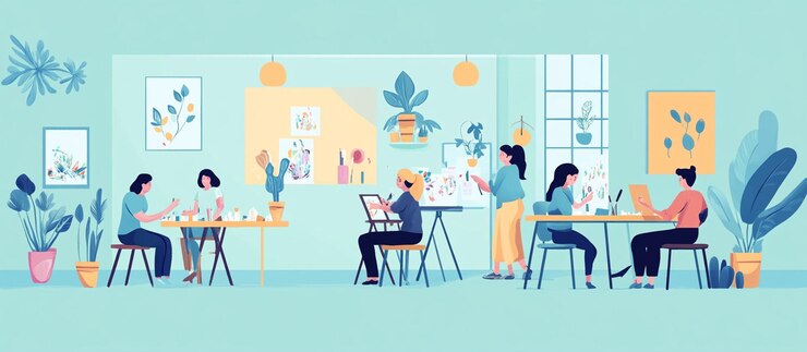 PSD women artists working together in a bright plantfilled studio