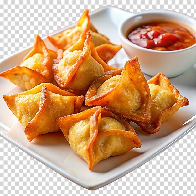 PSD wontons fritos de cangrejo chino en un plato aislado sobre un fondo transparente