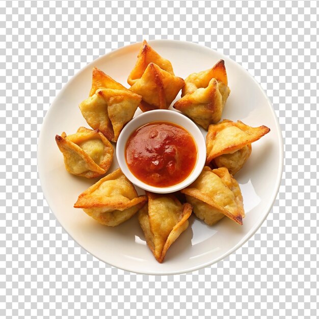 PSD wontons fritos de cangrejo chino en un plato aislado sobre un fondo transparente