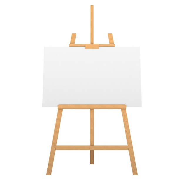 Wood Art Easel Stand avec une toile blanche dessus Vue avant rendu 3D isolé sur un fond transparent