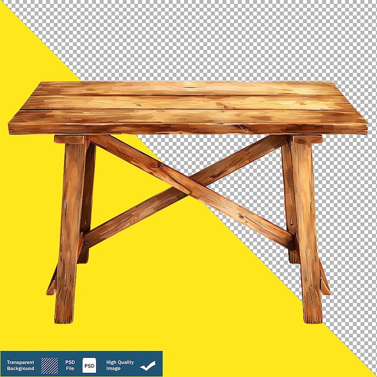 PSD wood table clipart with crooked table legs transparent background png