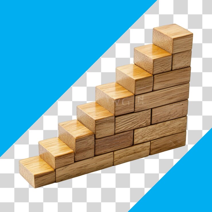 PSD wooden blocks building steps on transparent background