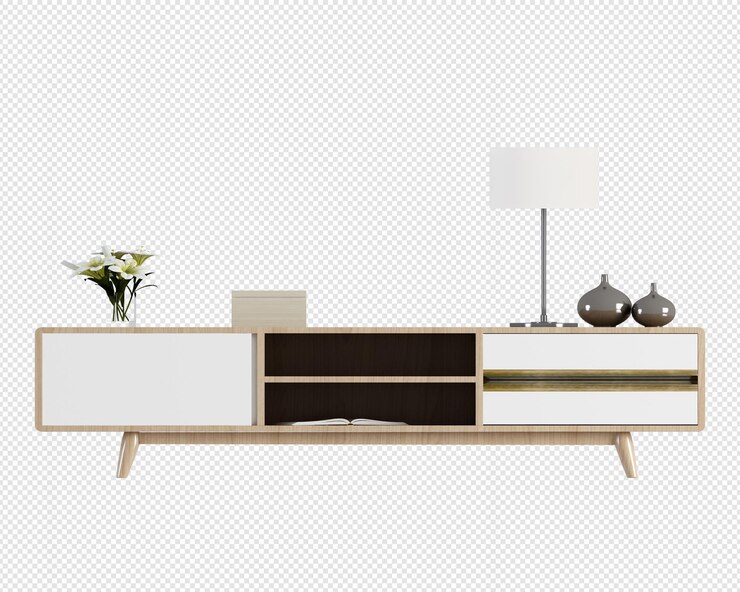 Wooden cabinet and decor in 3d rendering isolated