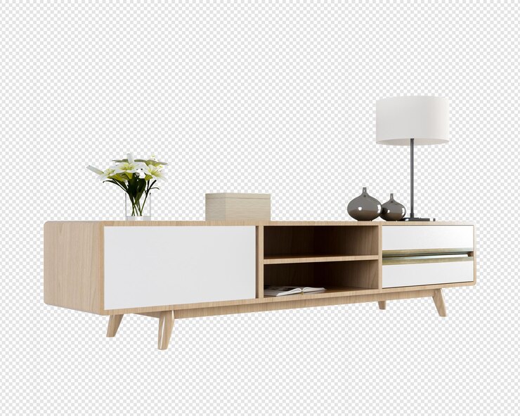 Wooden cabinet and decor in 3d rendering isolated