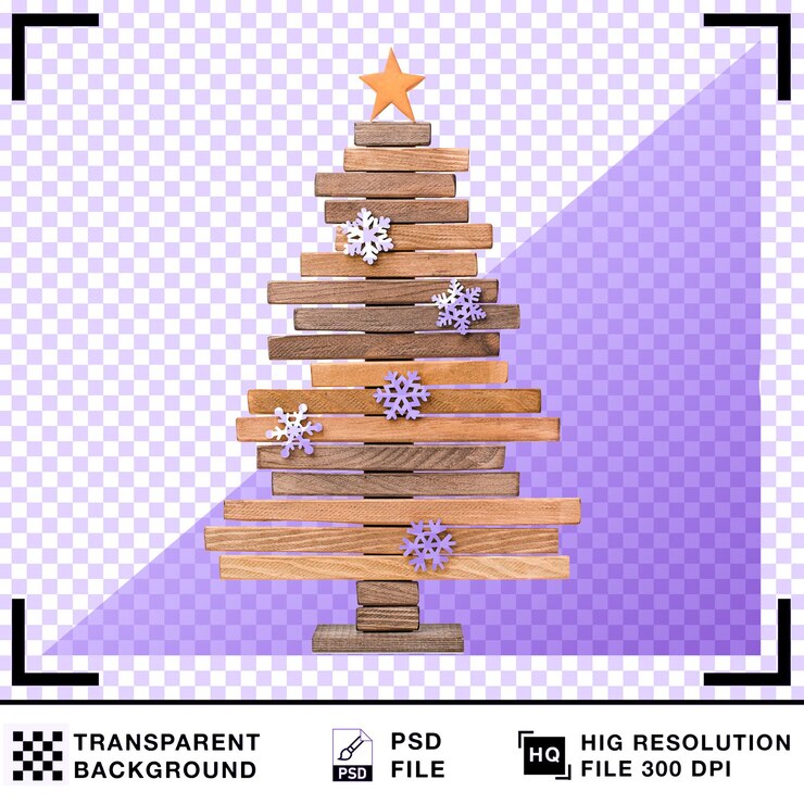 PSD wooden christmas tree with snowflakes and star ornament