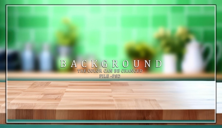 PSD wooden countertop with blurred kitchen background