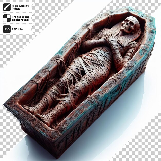 PSD a wooden figure of a woman is laying in a coffin