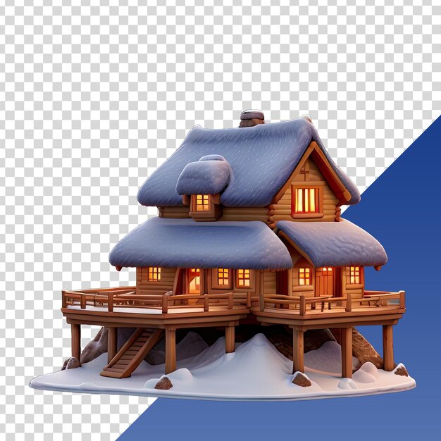 PSD a wooden house with a snow covered roof and a blue background