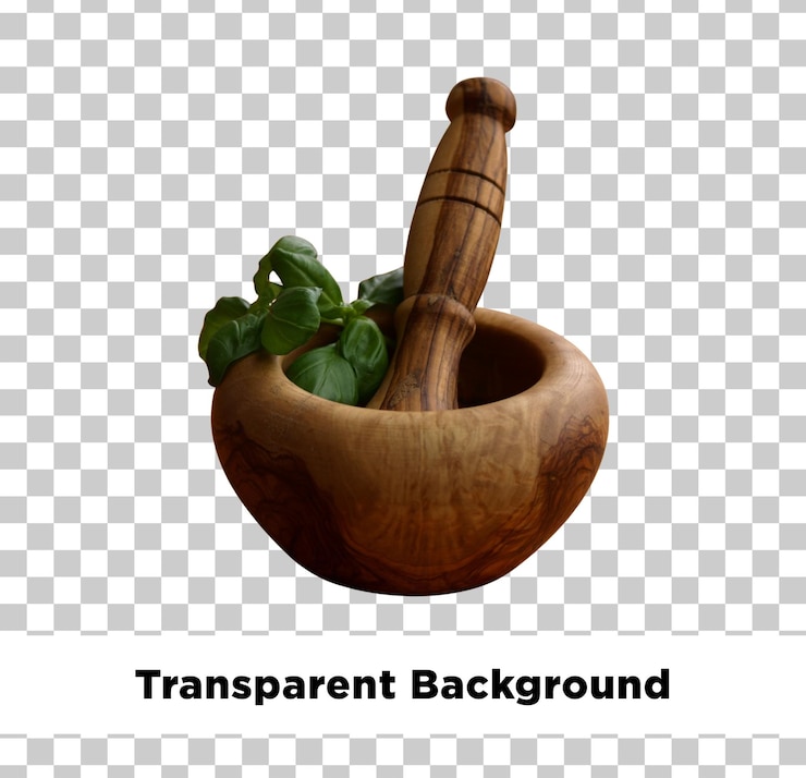 PSD wooden mortar and pestle with basil leaves - transparent background