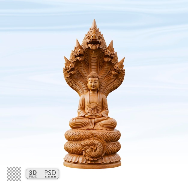Wooden Sculpture of Buddha Seated Under a Multi-Headed Serpent