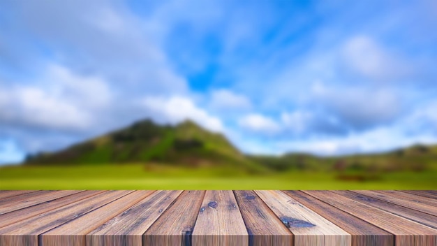 Wooden table for display products with mountain view