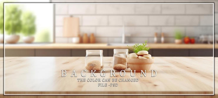 PSD wooden table with glass jars and a bowl of food