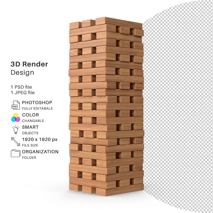 PSD wooden tower bricks 3d modeling psd file realistic wooden tower bricks game