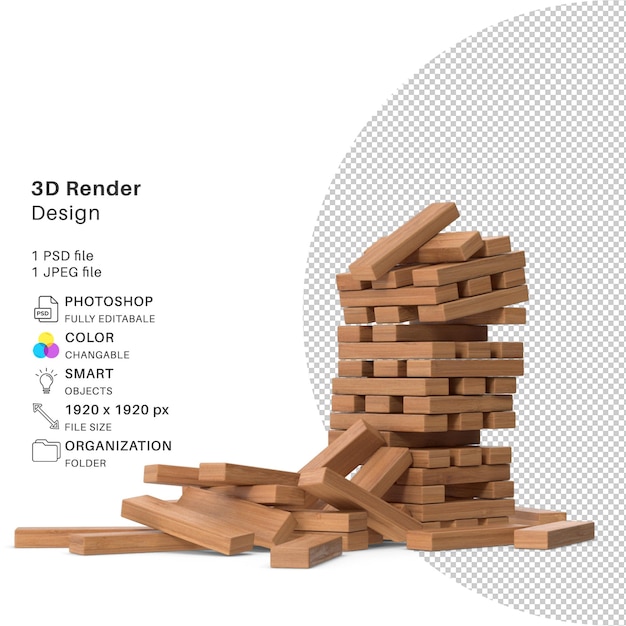 PSD wooden tower bricks modelado 3d archivo psd juego realista de wooden tower bricks