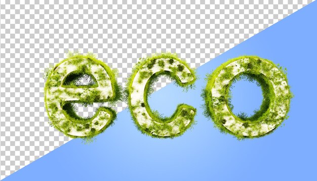 PSD word eco mit gras bedeckt 3d-rendering inschrift eco ist mit gras bewachsen konzept der ökologie