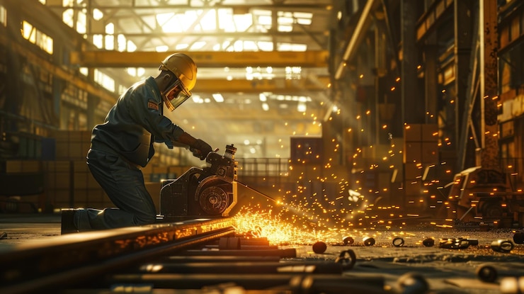 PSD worker grinding metal in industrial factory sparks flying