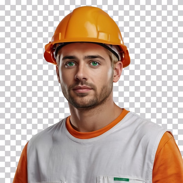 PSD worker with orange clothes and hard helmat isolated on transparent background