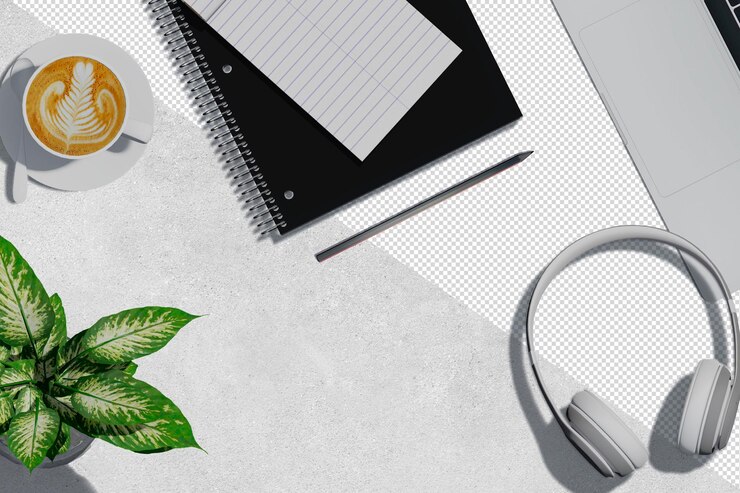 PSD workspace scene with coffee notebook headphones and laptop