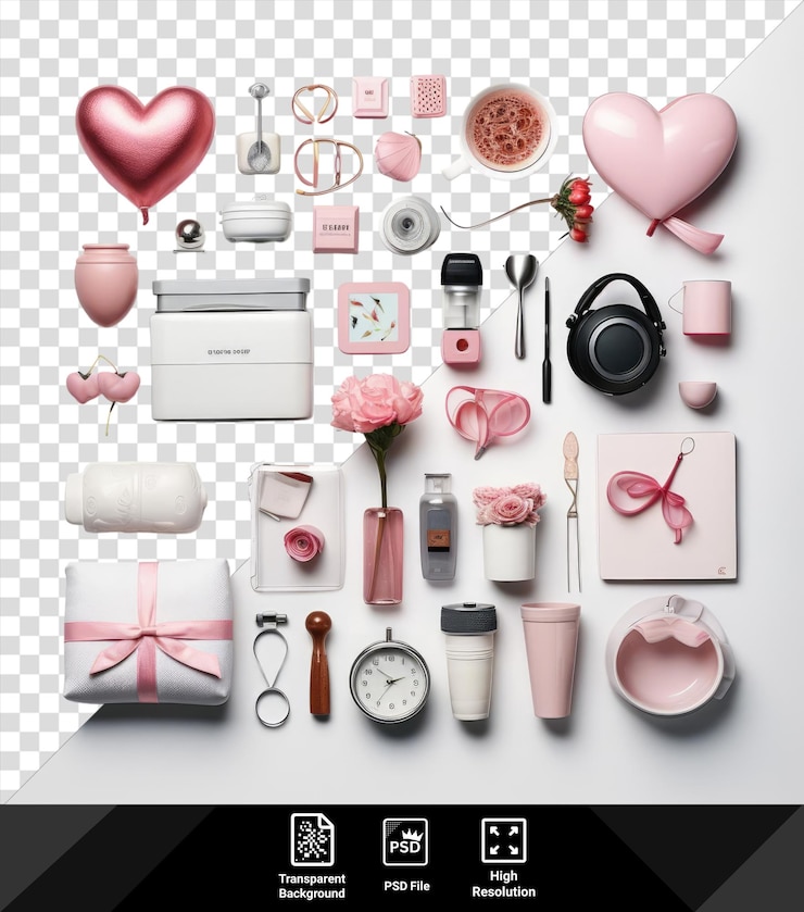 PSD world cancer day items including a pink heart black headphones a white clock a pink flower and a silver spoon are arranged on a transparent background alongside