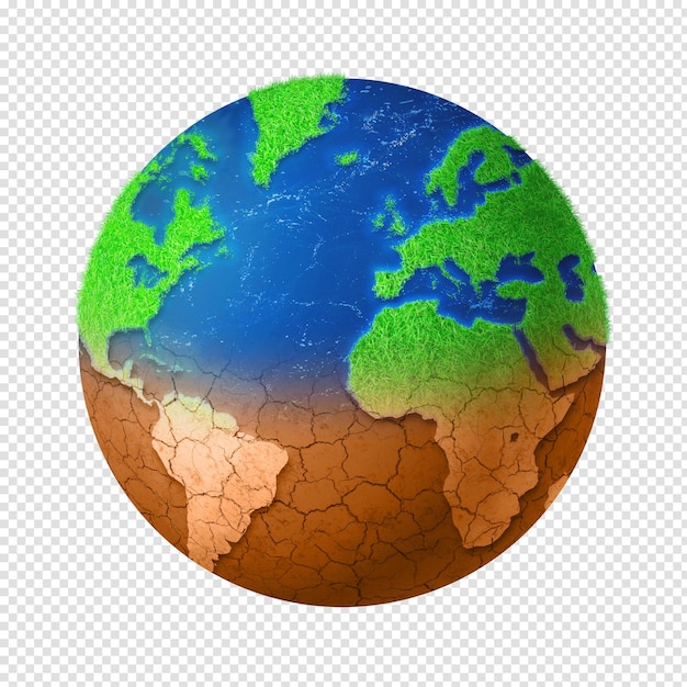 World globe drying out due to global warming Isolated on transparent background