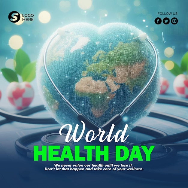 PSD world health day background and poster with a heart shaped globe and a stethoscope