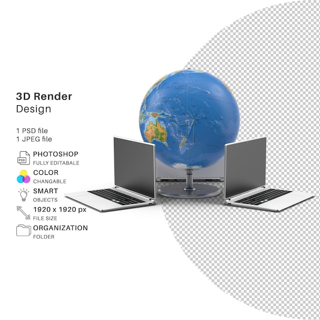 PSD world wide connection modelado 3d archivo psd realista lapto