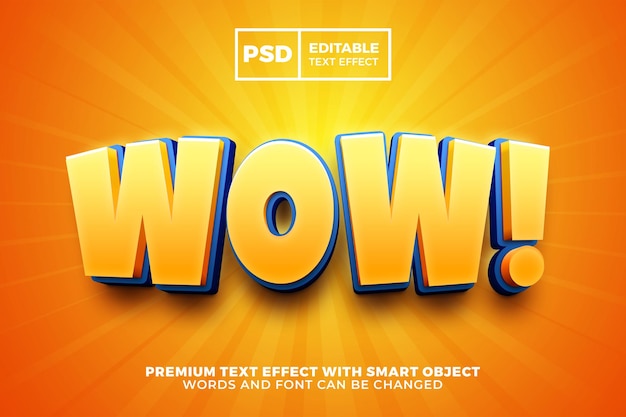 Wow cartoon comic 3d estilo de efeito de texto editável
