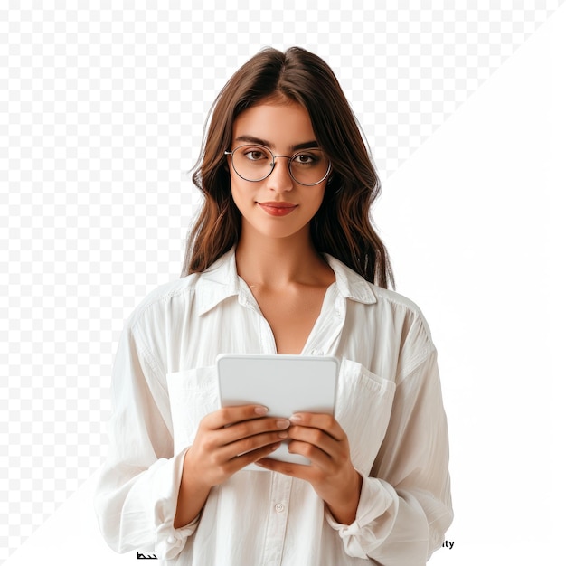 Wow es increíble retrato con espacio de copia lugar vacío de mujer bastante encantadora segura de sí misma a la moda en camisa clásica teniendo tableta en las manos y mirando a la cámara aislada en fondo blanco aislado