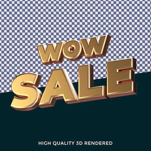 WOW Sale 3D renderizado em estilo de texto isolado com textura metálica dourada realista