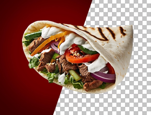 PSD un wrap shawarma avec une garniture au boeuf et une tomate sur le côté.