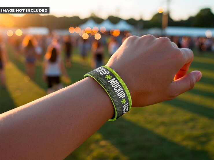 PSD wristband mockup at a festival