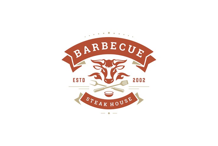 PSD wütender stierkopf mit gekreuztem besteckgrill barbecue logo design vorlage festliches band