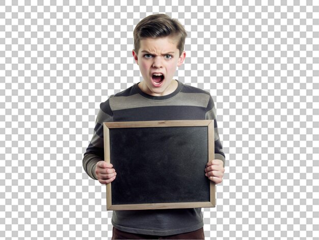 Wütender teenager hält ein brettporträt auf durchsichtigem hintergrund