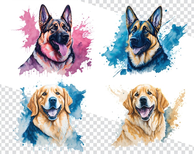 Wunderliche Aquarellhunde Deutscher Schäferhund und Golden Retriever in bezaubernden Porträts