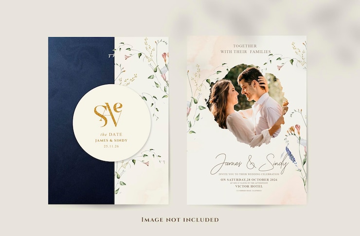 PSD wunderschöne einladungskarte mit foto und wildem aquarell-schönheits-wildblumenarrangement
