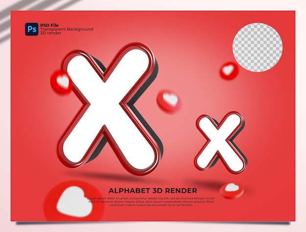X Alfabeto 3d Render color rojo con elementos