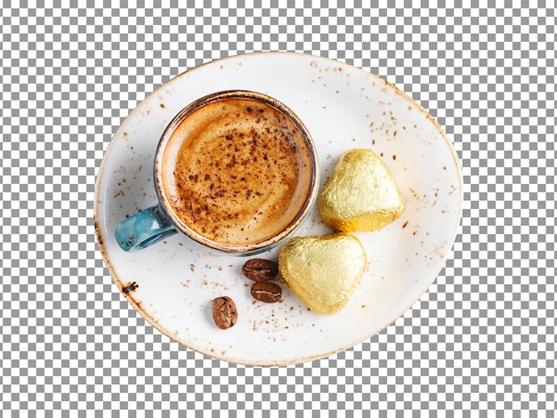 PSD xícara de café com dois biscoitos em um prato isolado com fundo transparente