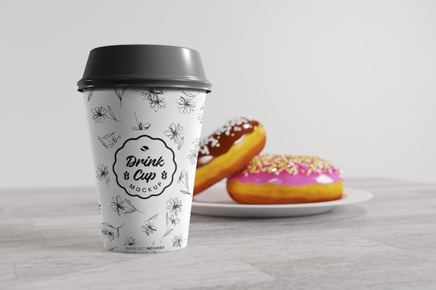 Xícara de café com maquete de renderização de cena de donut