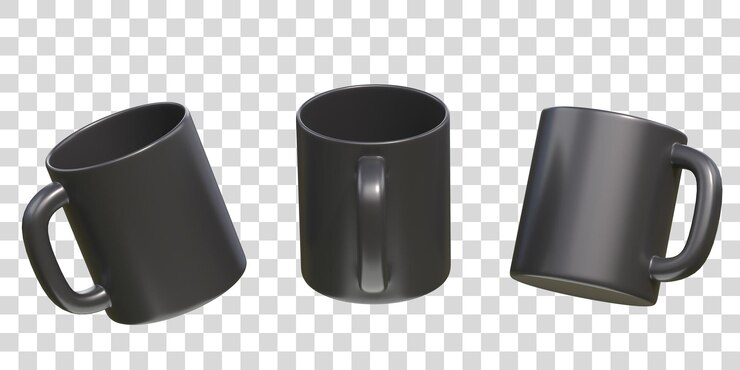 PSD xícaras de cerâmica preta ou canecas vazias para bebida de café ou chá na renderização 3d de fundo branco