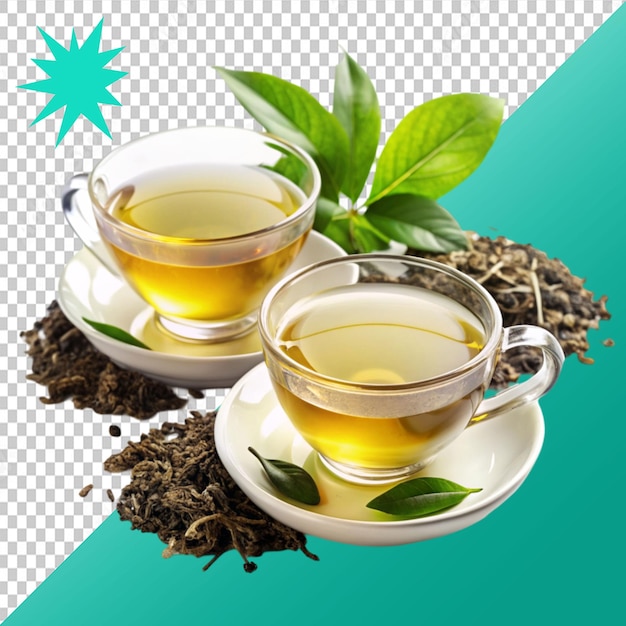 xícaras de chá e chá verde em fundo transparente