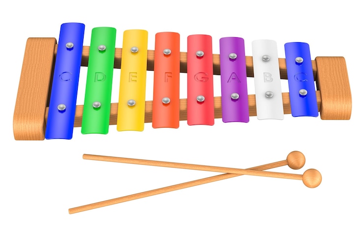 PSD xylophone en bois 8 notes pour enfants tout-petits avec des barres métalliques multicolores rendu 3d isolé sur un fond transparent